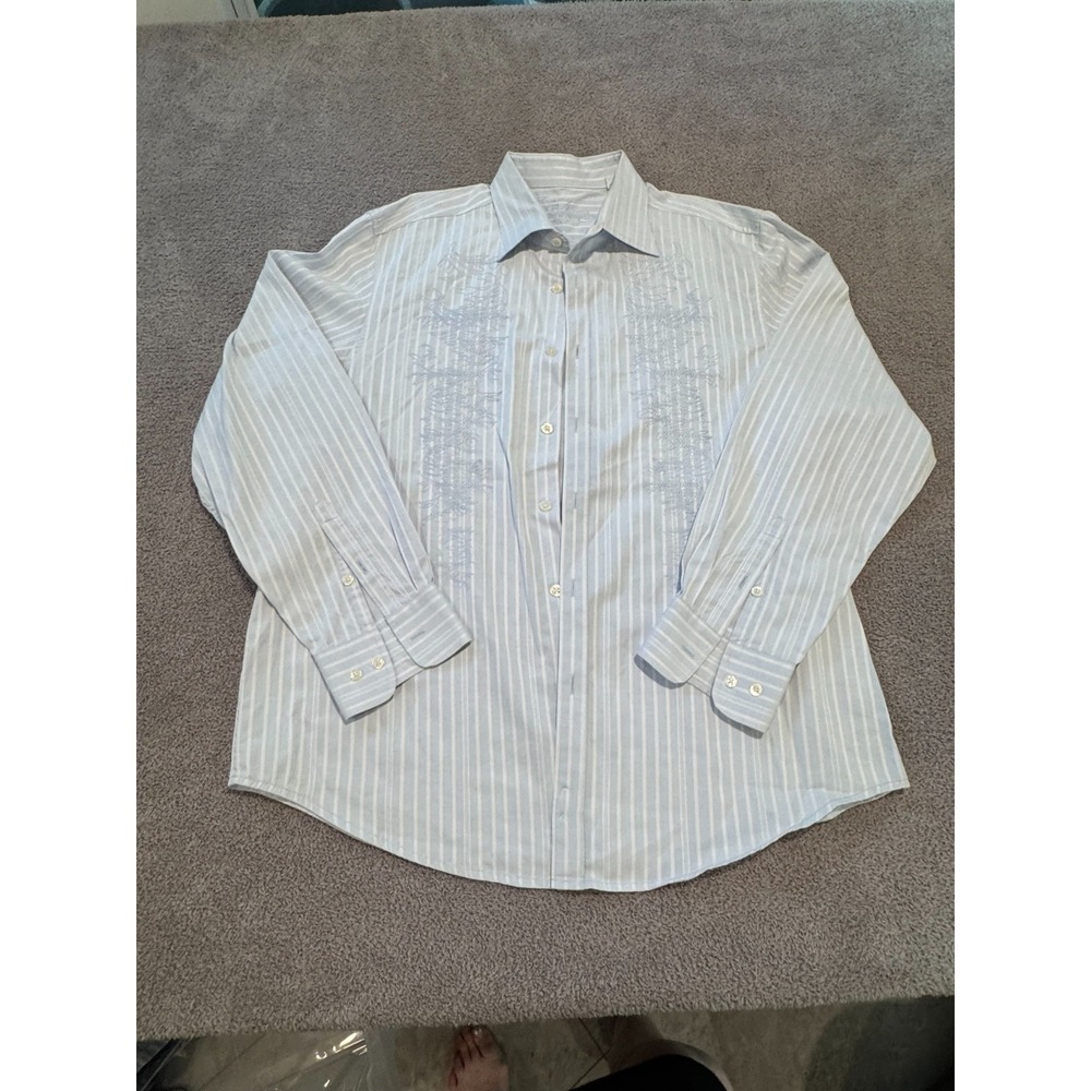Tommy Bahama Denim XL Men's Long Sleeve Button Down Shirt Blue Striped Embroider